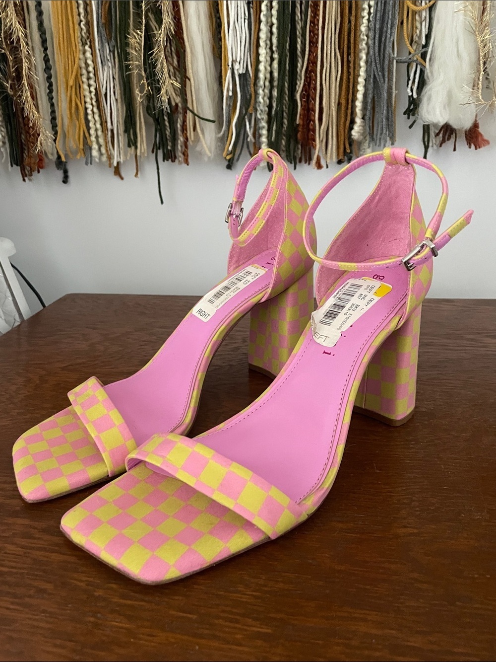 Pink and pale green Checker Block Heel Sandals